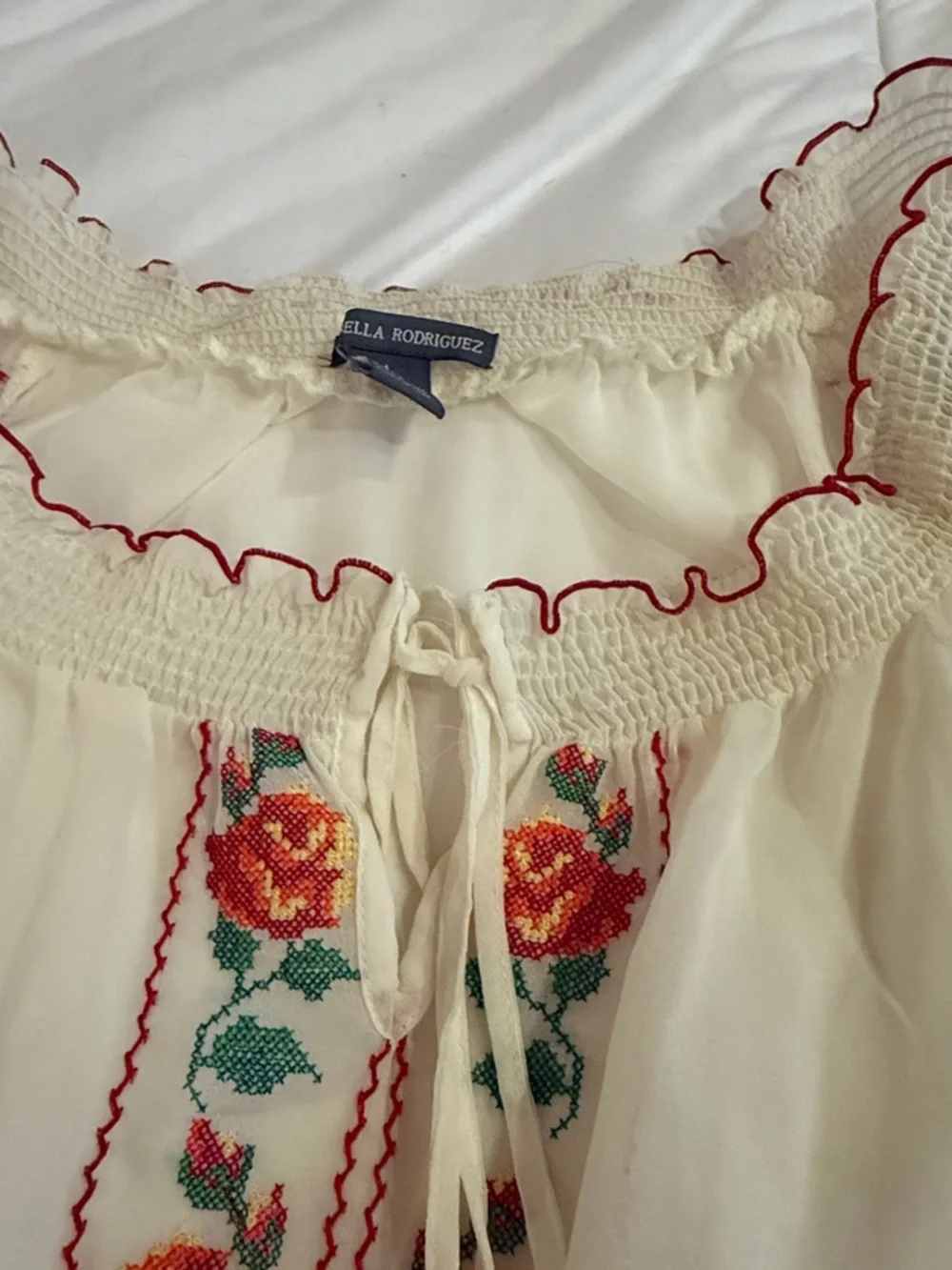 Isabella Rodriguez Cream Peasant Blouse with Red and Green Embroidery - Picture 3 of 5